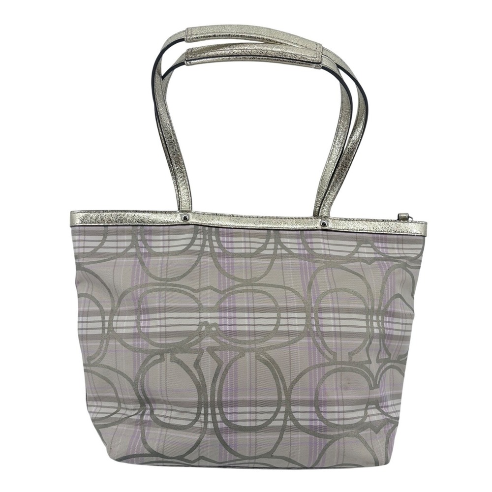 Coach Heritage Plaid Signature C Tote Bag Metallic Gold Lavender F17474 - Picture 2 of 11